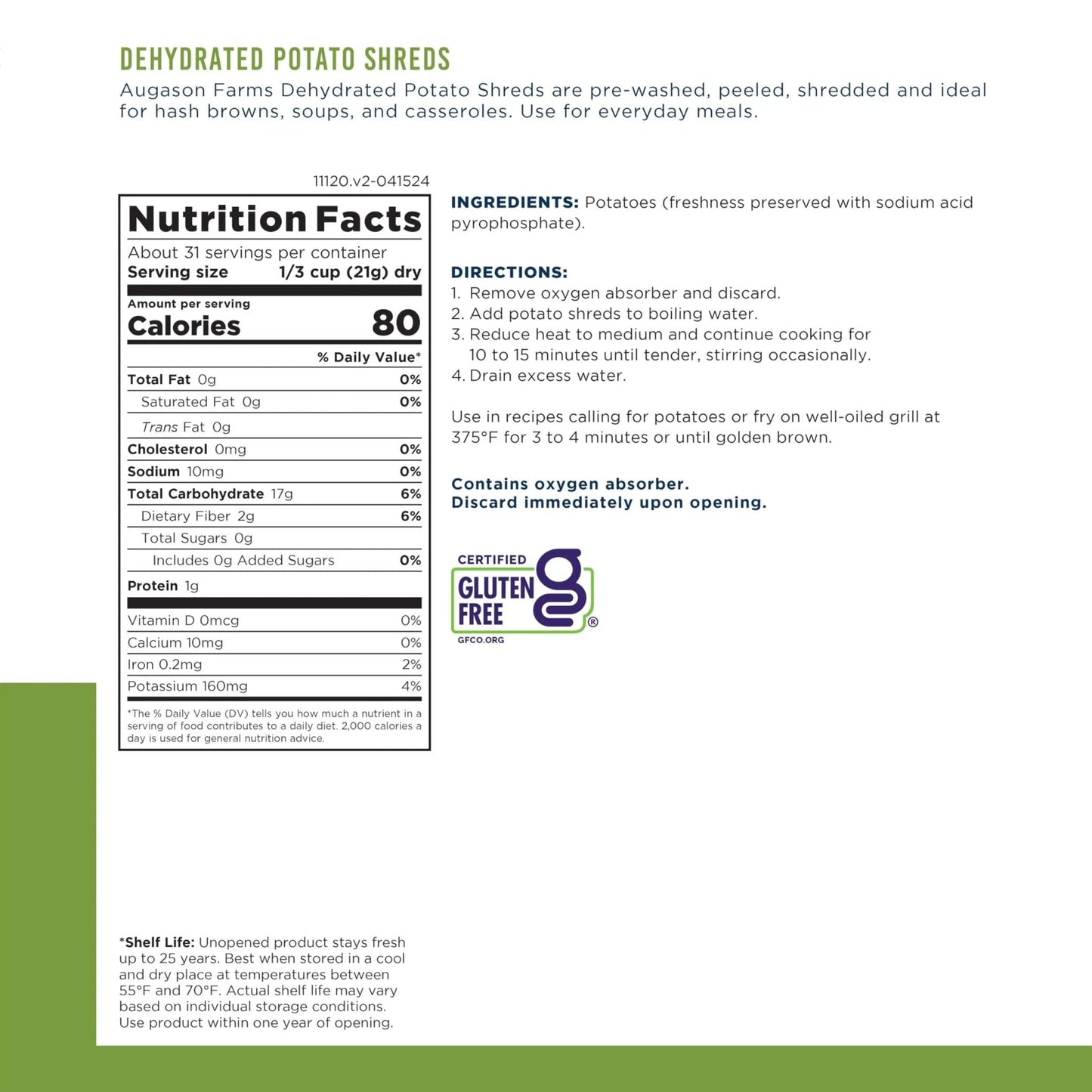 Augason Farms Dehydrated Potato Shreds Can, Emergency Food Supply, Everyday Meals, 31 Servings - Fresh Hearth