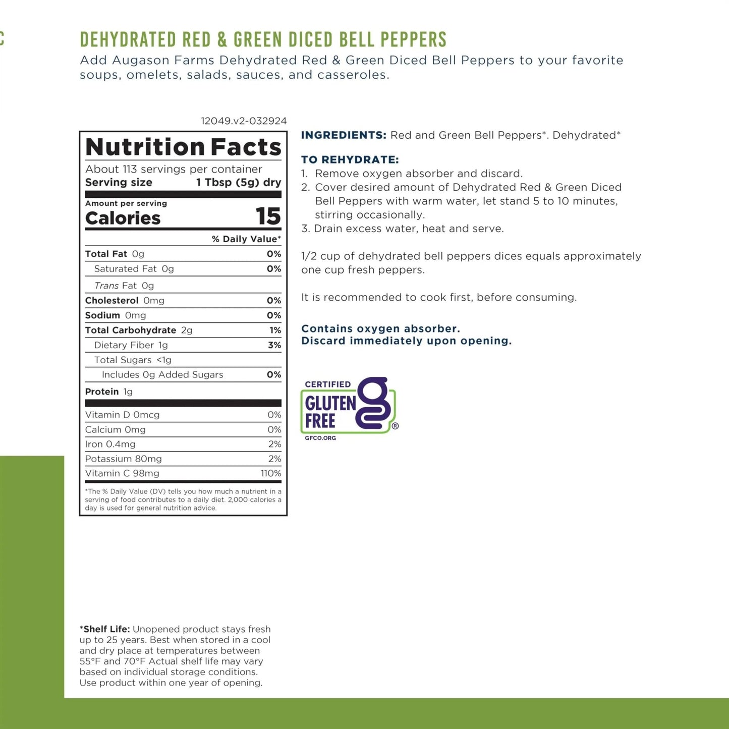 Augason Farms Dehydrated Red and Green Diced Bell Peppers Can, Emergency Food Supply, Everyday Meals, 113 Servings - Fresh Hearth