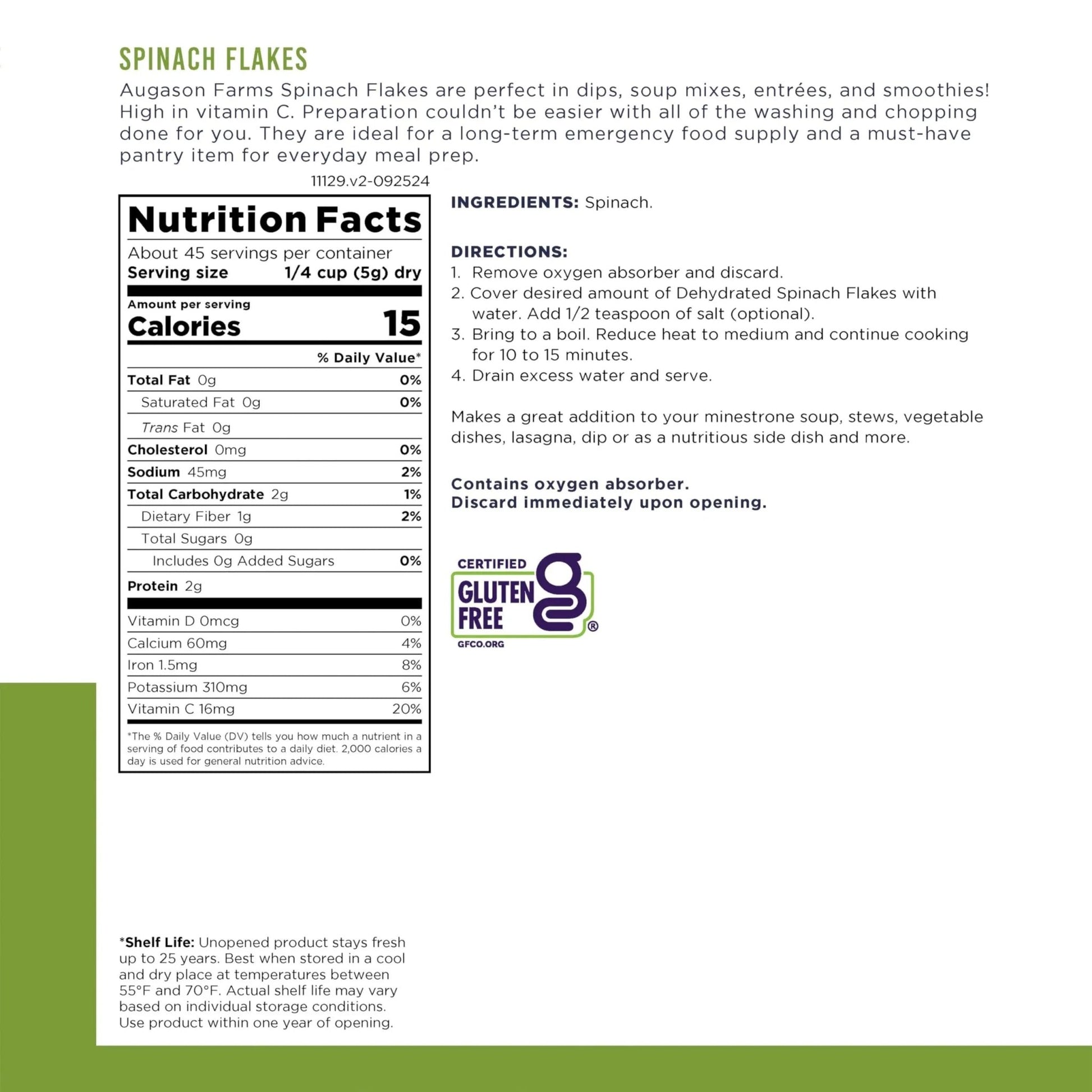 Augason Farms Dehydrated Spinach Flakes Can, Emergency Food Supply, Everyday Meals, 45 Servings - Fresh Hearth