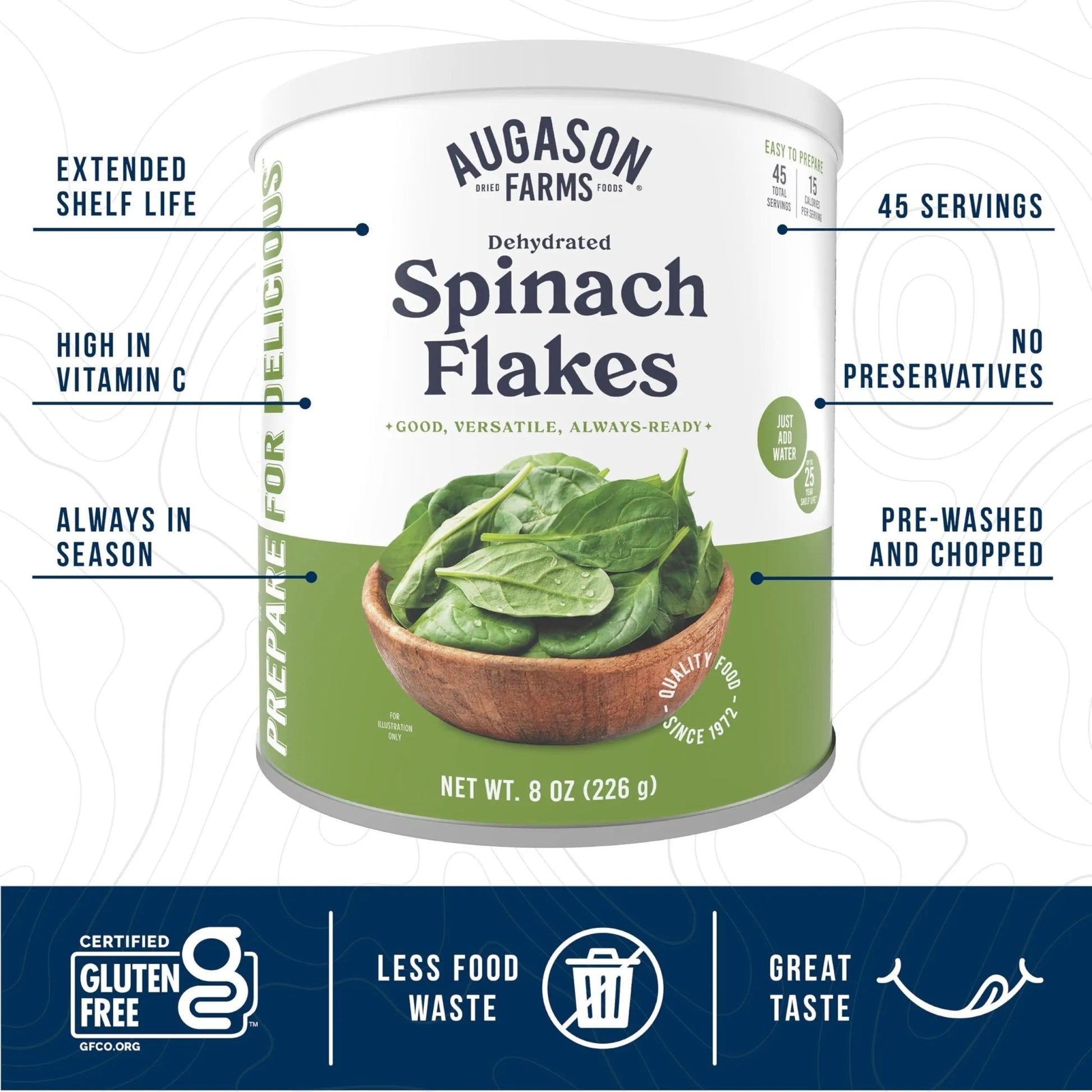 Augason Farms Dehydrated Spinach Flakes Can, Emergency Food Supply, Everyday Meals, 45 Servings - Fresh Hearth