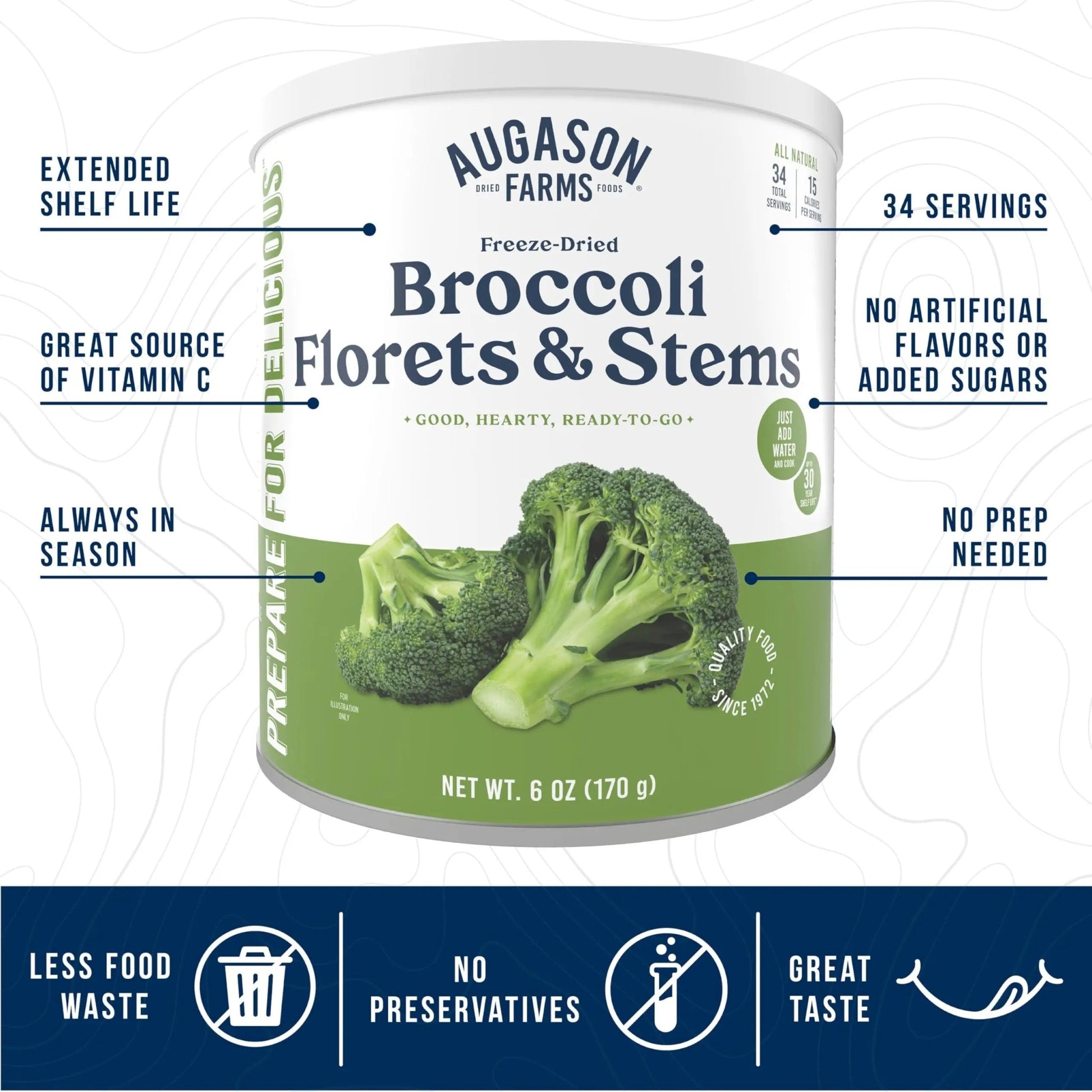 Augason Farms Freeze Dried Broccoli Florets & Stems Can, Emergency Food Supply, Everyday Meals, 34 Servings - Fresh Hearth