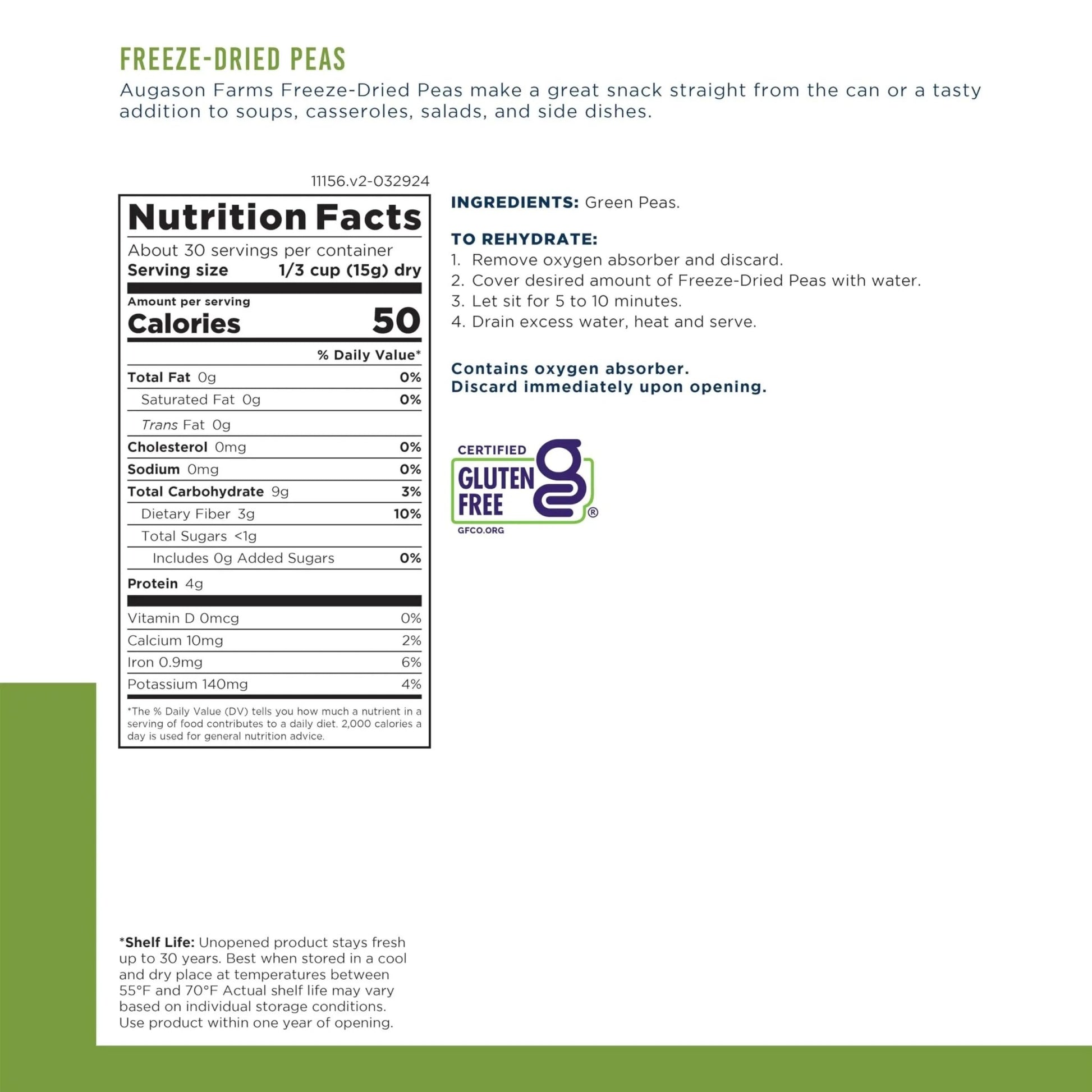 Augason Farms Freeze Dried Peas Can, Emergency Food Supply, Everyday Meals, 30 Servings - Fresh Hearth