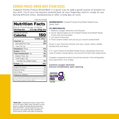Augason Farms Freeze Dried Precooked Beef Steak Dices Can, Emergency Food Supply, Everyday Meals, 13 Servings - Fresh Hearth