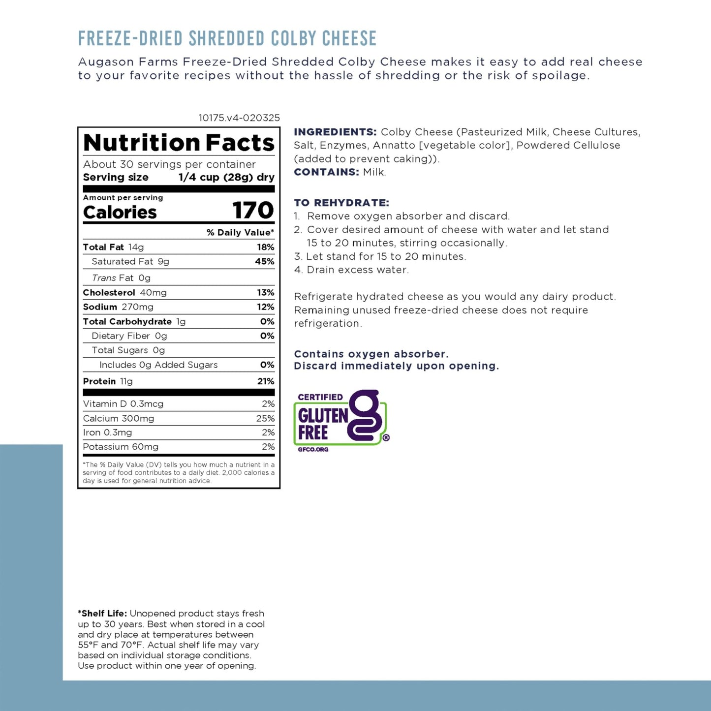 Augason Farms Freeze Dried Shredded Colby Cheese Can, Emergency Food Supply, Everyday Meals, 30 Servings - Fresh Hearth