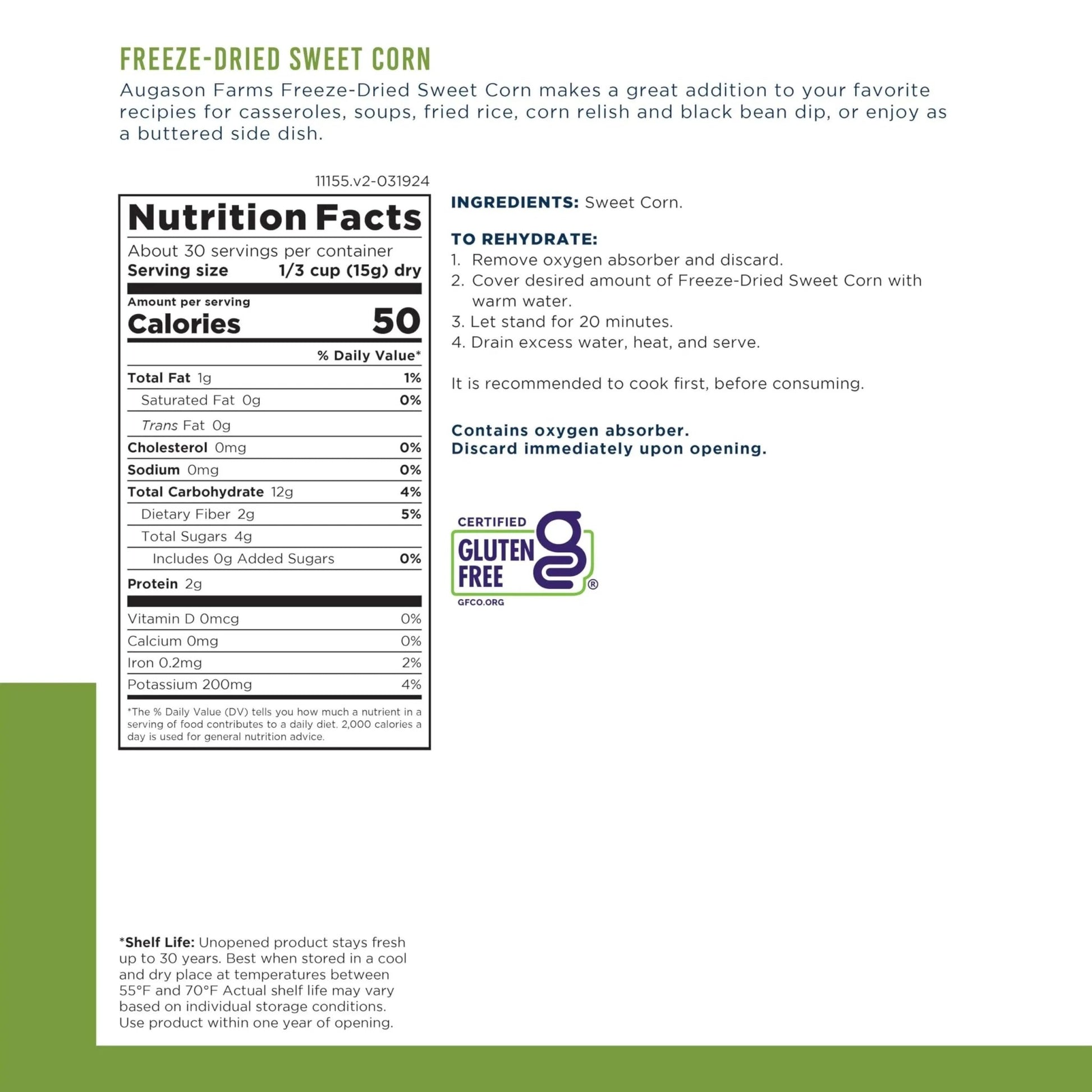 Augason Farms Freeze Dried Sweet Corn Can, Emergency Food Supply, Everyday Meals, 30 Servings - Fresh Hearth