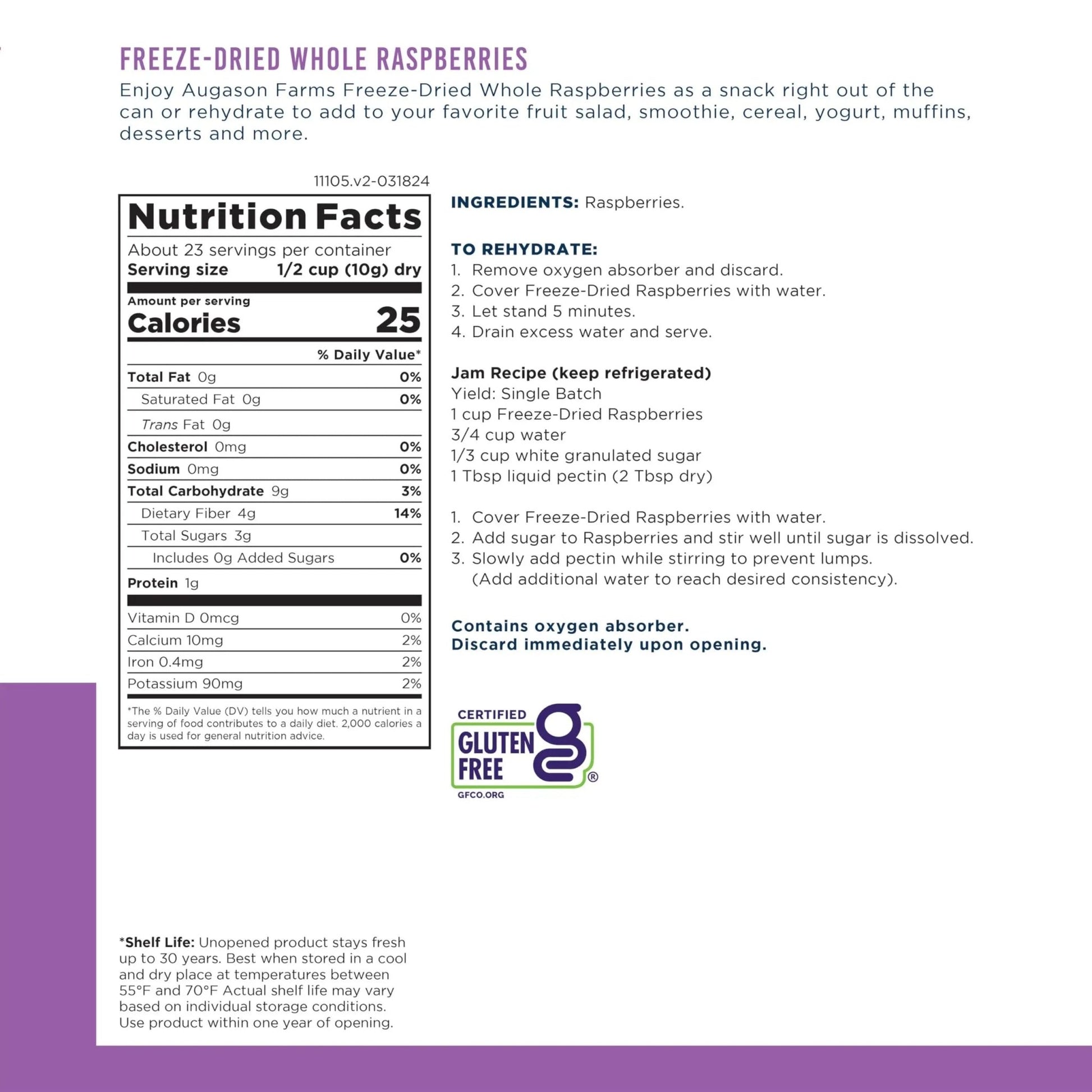 Augason Farms Freeze Dried Whole Raspberries Can, Emergency Food Supply, Everyday Meals, 23 Servings - Fresh Hearth