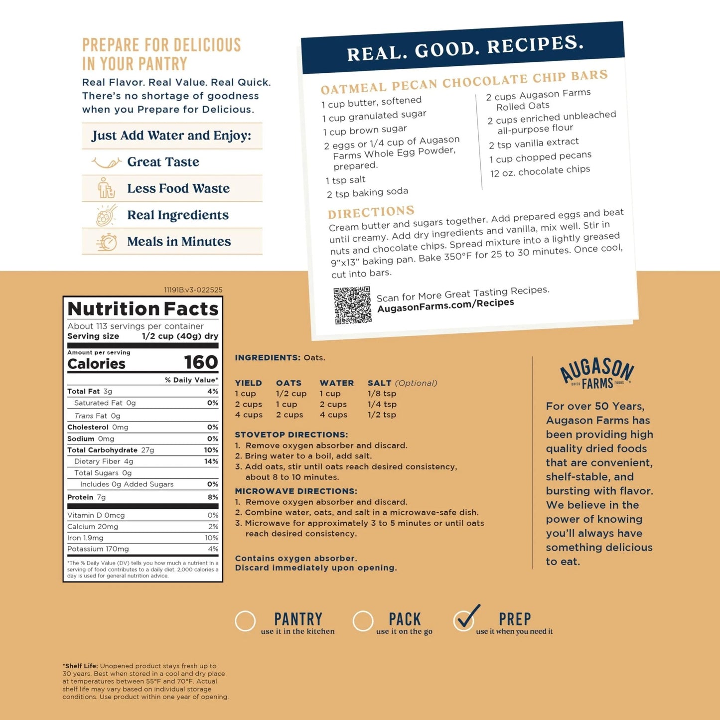 Augason Farms Regular Rolled Oats 4 - Gallon Pail, Emergency Food Supply, Everyday Meals, 113 Servings - Fresh Hearth