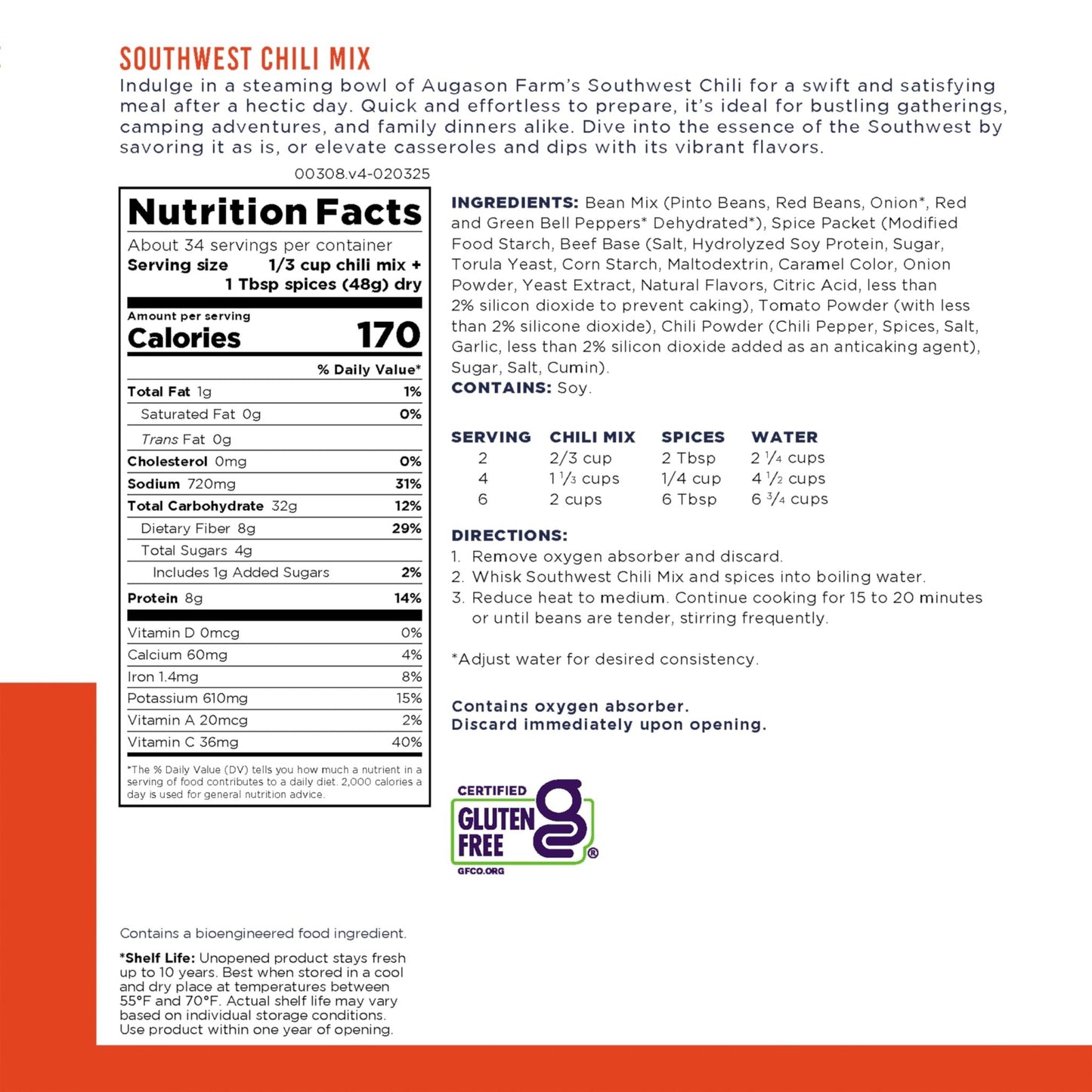 Augason Farms Southwest Chili Mix Can, Certified Gluten Free, Emergency Food Supply, Everyday Meals, 34 Servings - Fresh Hearth