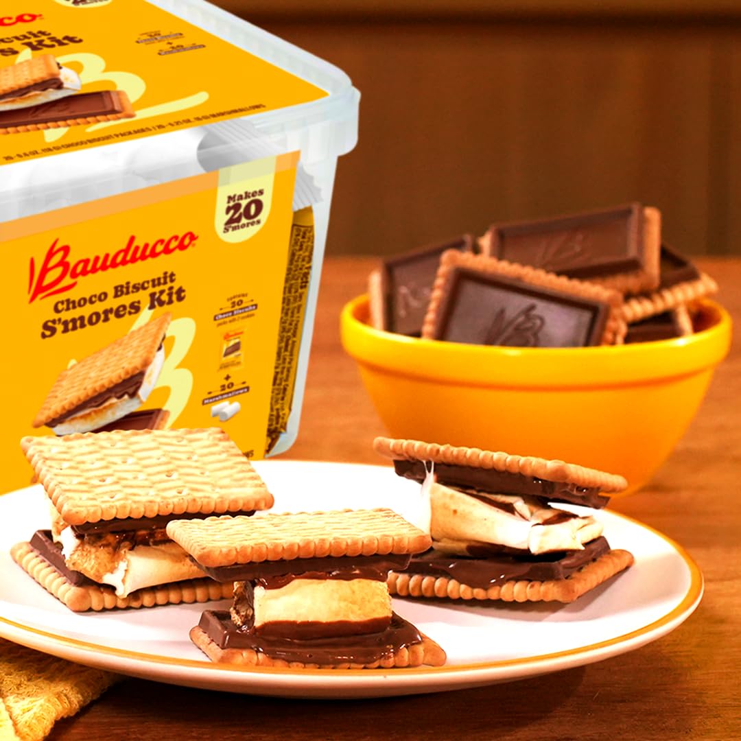 Bauducco Choco Biscuit S’mores Kit, 16.94 oz (Pack of 20) - Individually Wrapped Packs with 2 Chocolate Biscuits & Marshmallows for Easy S’mores Making - Fresh Hearth