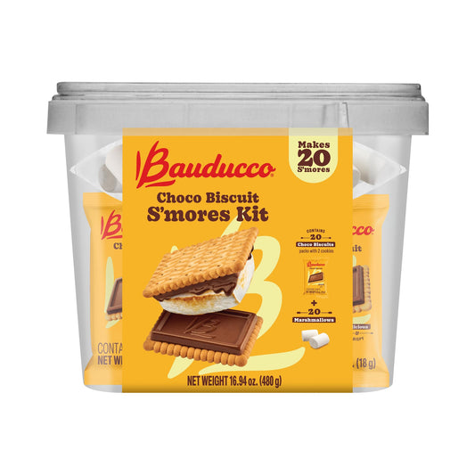 Bauducco Choco Biscuit S’mores Kit, 16.94 oz (Pack of 20) - Individually Wrapped Packs with 2 Chocolate Biscuits & Marshmallows for Easy S’mores Making - Fresh Hearth