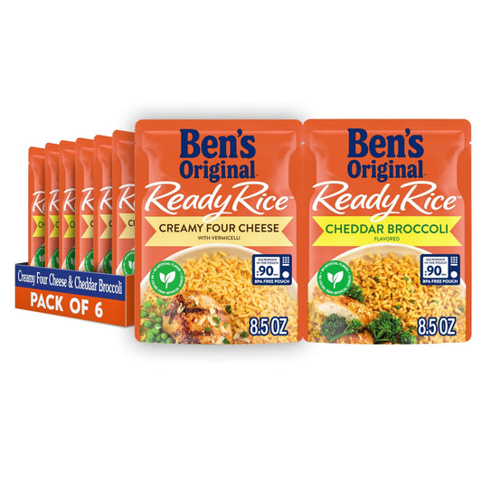 BEN'S ORIGINAL Ready Rice Creamy Four Cheese and Cheddar Broccoli Variety Pack, Easy Dinner Sides, 8.5 OZ Pouch (Pack of 6) - Fresh Hearth