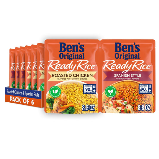 BEN'S ORIGINAL Ready Rice Roasted Chicken and Spanish Style Flavored Rice Variety Pack, Easy Dinner Sides, 8.8 OZ Pouch (Pack of 6) - Fresh Hearth