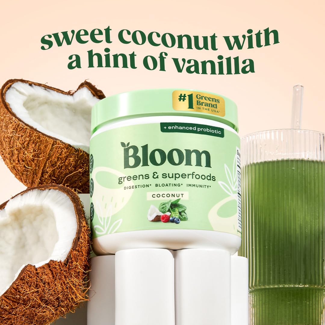 Bloom Nutrition Superfood Greens Powder, Digestive Enzymes with Probiotics and Prebiotics, Gut Health, Bloating Relief for Women, Chlorella, Green Juice Mix with Beet Root Powder, 30 SVG, Coconut - Fresh Hearth