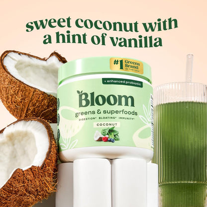 Bloom Nutrition Superfood Greens Powder, Digestive Enzymes with Probiotics and Prebiotics, Gut Health, Bloating Relief for Women, Chlorella, Green Juice Mix with Beet Root Powder, 30 SVG, Coconut - Fresh Hearth