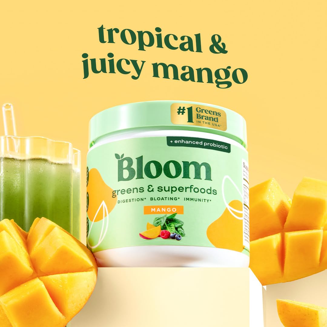 Bloom Nutrition Superfood Greens Powder, Digestive Enzymes with Probiotics and Prebiotics, Gut Health, Bloating Relief for Women, Chlorella, Green Juice Mix with Beet Root Powder, 30 SVG, Mango - Fresh Hearth