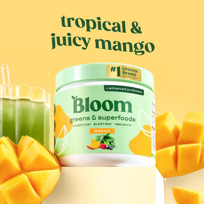 Bloom Nutrition Superfood Greens Powder, Digestive Enzymes with Probiotics and Prebiotics, Gut Health, Bloating Relief for Women, Chlorella, Green Juice Mix with Beet Root Powder, 30 SVG, Mango - Fresh Hearth