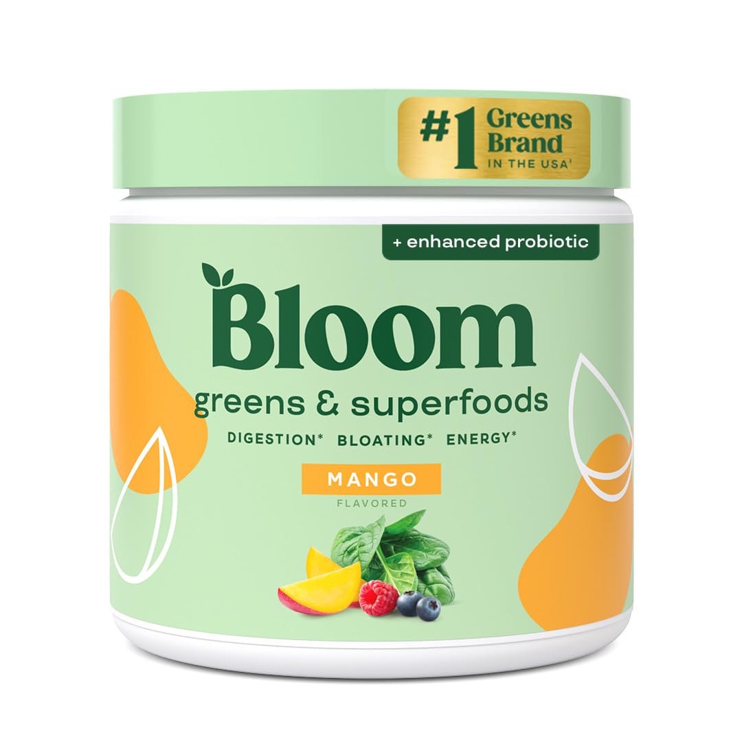 Bloom Nutrition Superfood Greens Powder, Digestive Enzymes with Probiotics and Prebiotics, Gut Health, Bloating Relief for Women, Chlorella, Green Juice Mix with Beet Root Powder, 30 SVG, Mango - Fresh Hearth