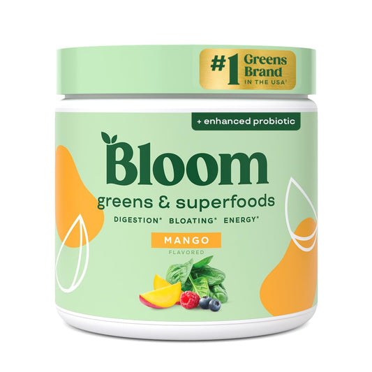 Bloom Nutrition Superfood Greens Powder, Digestive Enzymes with Probiotics and Prebiotics, Gut Health, Bloating Relief for Women, Chlorella, Green Juice Mix with Beet Root Powder, 30 SVG, Mango - Fresh Hearth