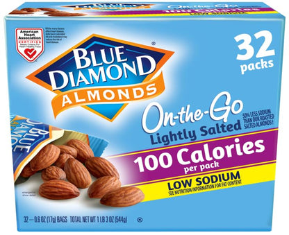 Blue Diamond Almonds Low Sodium Lightly Salted Snack Nuts, 100 Calorie Packs, 0.6 Ounce (Pack of 32) - Fresh Hearth