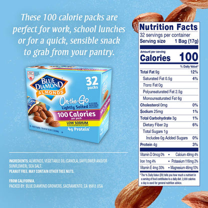 Blue Diamond Almonds Low Sodium Lightly Salted Snack Nuts, 100 Calorie Packs, 0.6 Ounce (Pack of 32) - Fresh Hearth