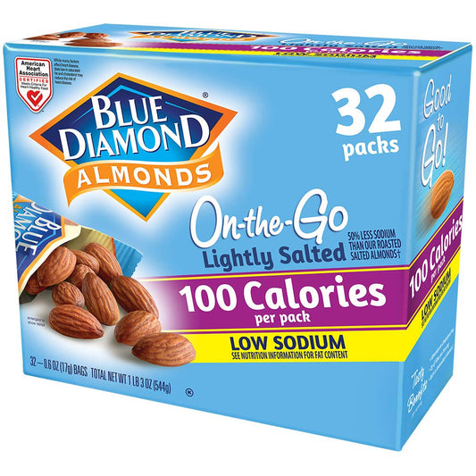 Blue Diamond Almonds Low Sodium Lightly Salted Snack Nuts, 100 Calorie Packs, 0.6 Ounce (Pack of 32) - Fresh Hearth