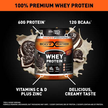 Body Fortress Super Advanced Whey Protein Powder, Cookies N’ Creme, 60g Protein & 12g BCAAs Per 2 Scoops, Muscle Gain & Recovery, Immune Support with Vitamins C & D, 1.78lbs (Packaging May Vary) - Fresh Hearth