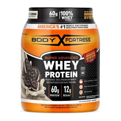 Body Fortress Super Advanced Whey Protein Powder, Cookies N’ Creme, 60g Protein & 12g BCAAs Per 2 Scoops, Muscle Gain & Recovery, Immune Support with Vitamins C & D, 1.78lbs (Packaging May Vary) - Fresh Hearth