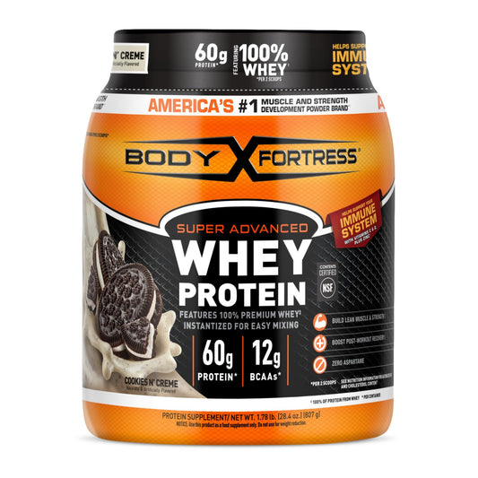 Body Fortress Super Advanced Whey Protein Powder, Cookies N’ Creme, 60g Protein & 12g BCAAs Per 2 Scoops, Muscle Gain & Recovery, Immune Support with Vitamins C & D, 1.78lbs (Packaging May Vary) - Fresh Hearth