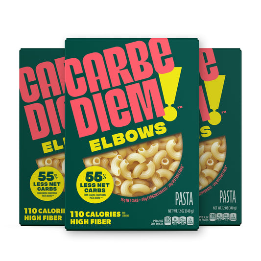 Carbe Diem!, Elbows, Lower Net Carb Pasta with Traditional Flavor & Texture, 55% Fewer Net Carbs & Only 110 Calories Per Serving, Pack of 3 - Fresh Hearth