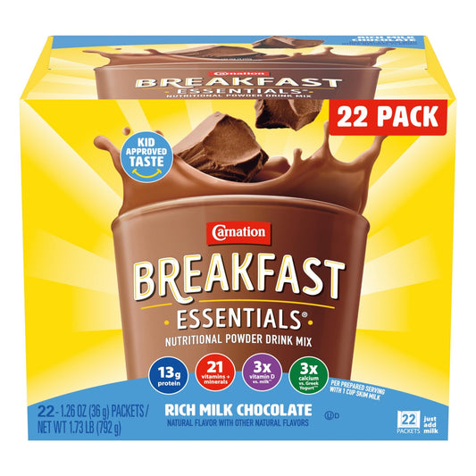 Carnation Breakfast Essentials Powder Drink Mix, Rich Milk Chocolate, 22 Count Box of 1.26 Ounce Packets - Fresh Hearth