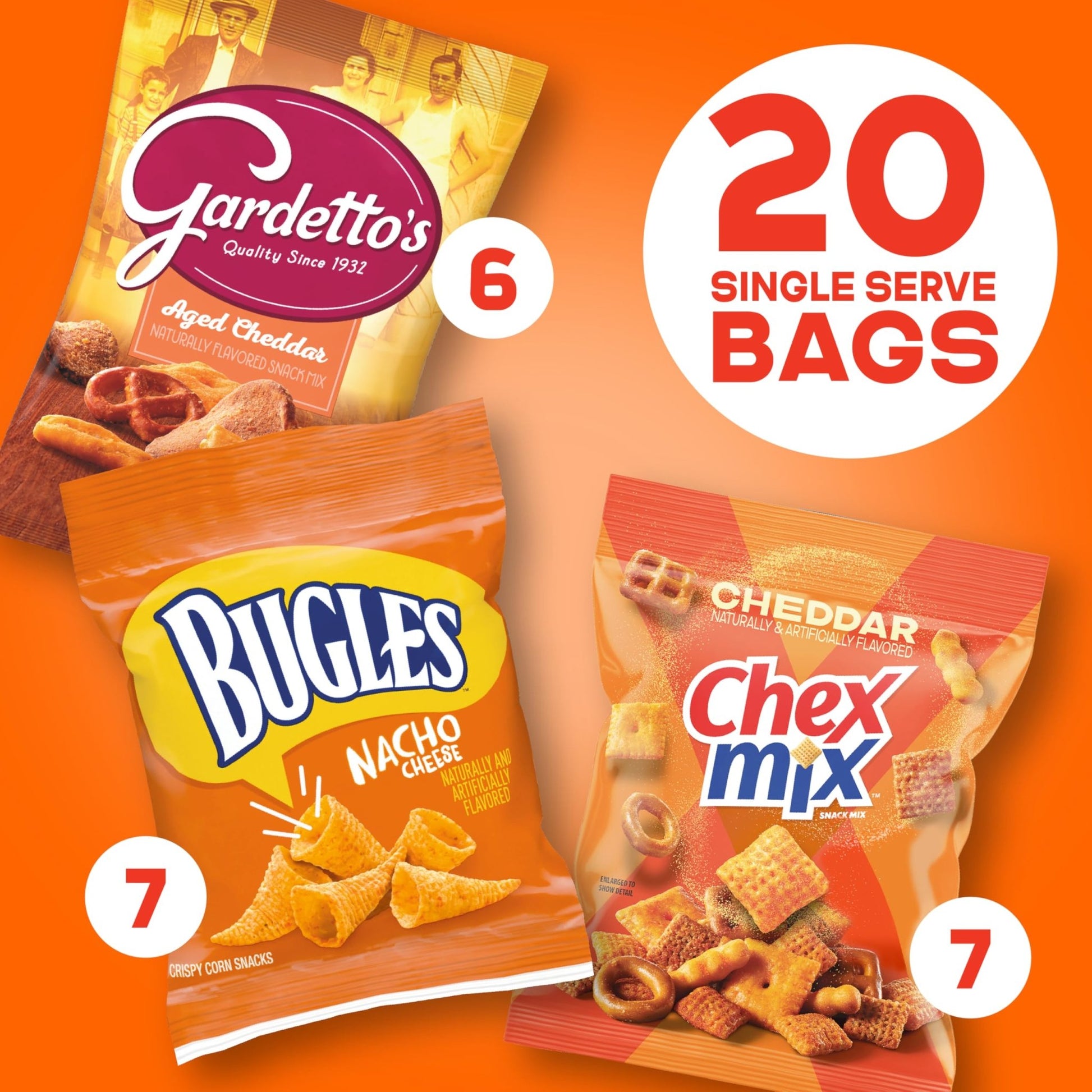 Cheesy Mix Variety Pack Snacks, Chex Mix Cheddar, Bugles Nacho Cheese, Gardetto's Aged Cheddar, 20 Ct, 28.875 oz - Fresh Hearth