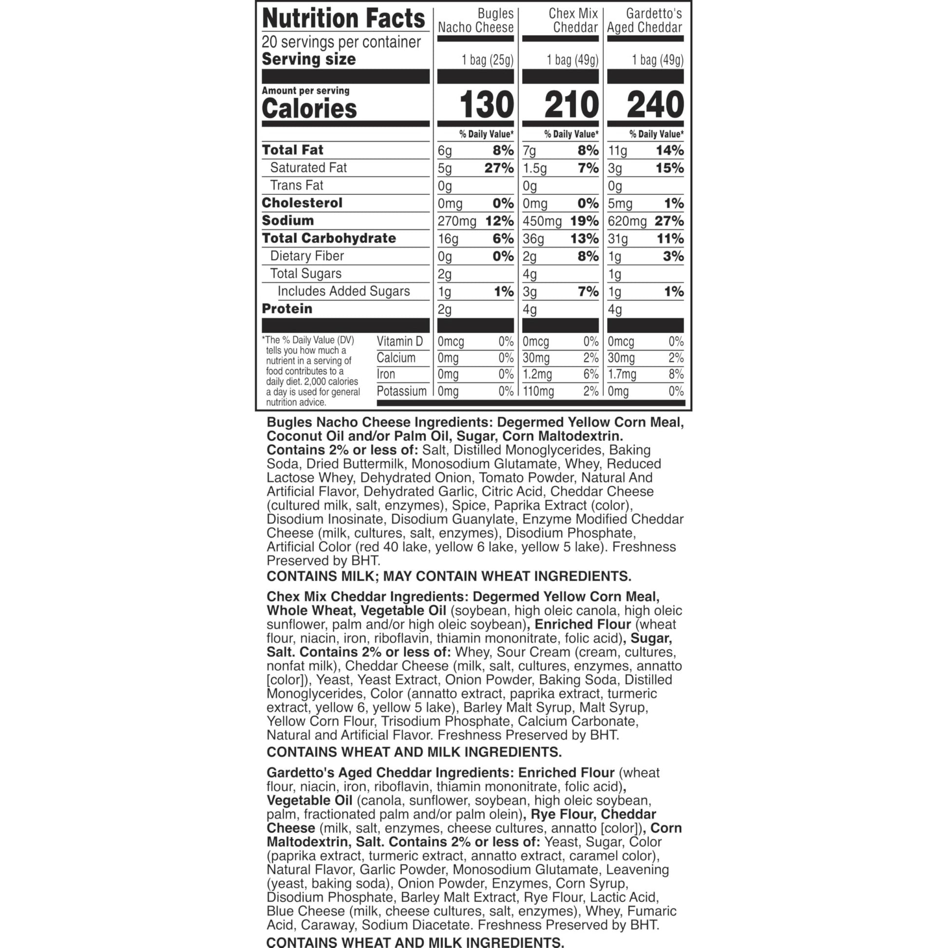 Cheesy Mix Variety Pack Snacks, Chex Mix Cheddar, Bugles Nacho Cheese, Gardetto's Aged Cheddar, 20 Ct, 28.875 oz - Fresh Hearth