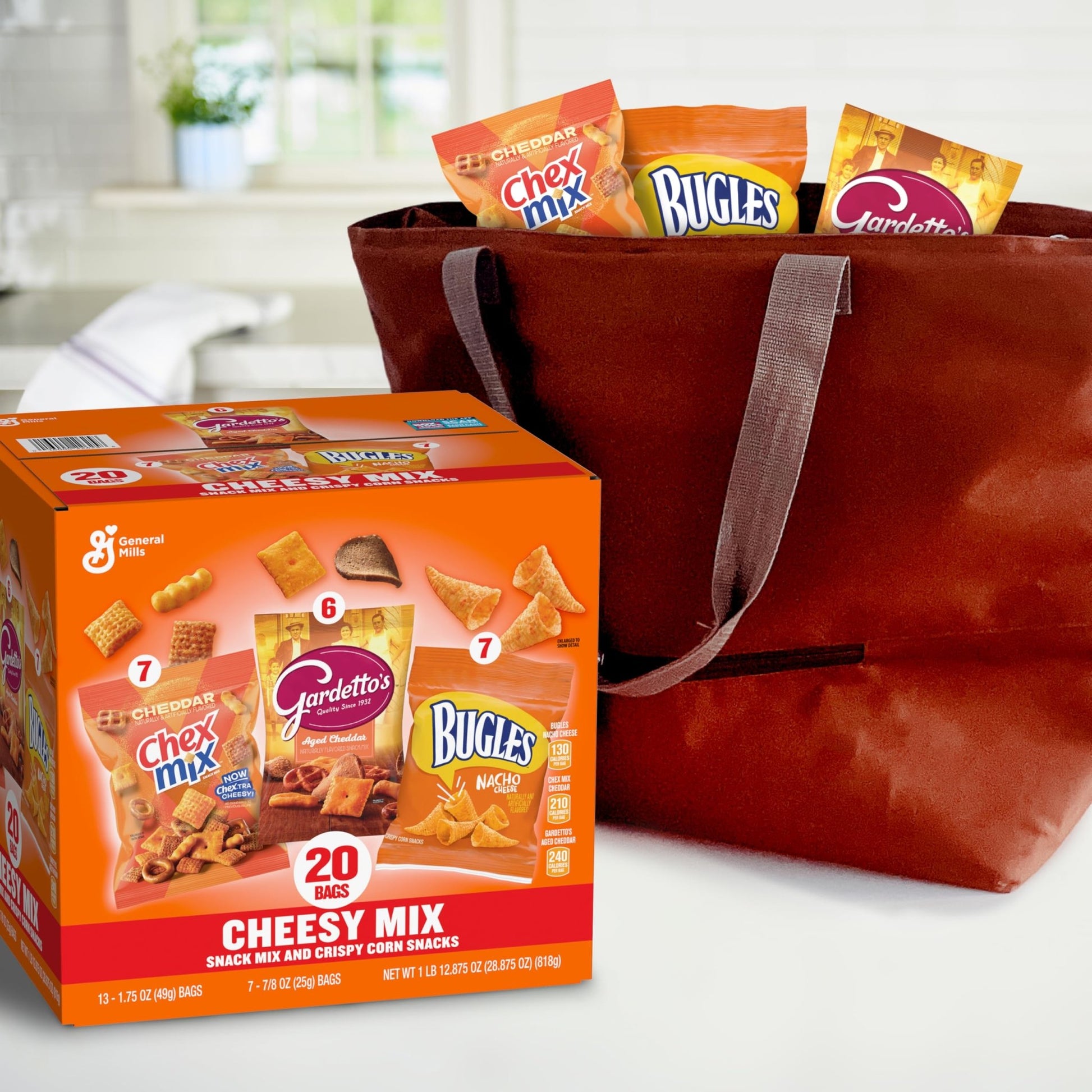 Cheesy Mix Variety Pack Snacks, Chex Mix Cheddar, Bugles Nacho Cheese, Gardetto's Aged Cheddar, 20 Ct, 28.875 oz - Fresh Hearth