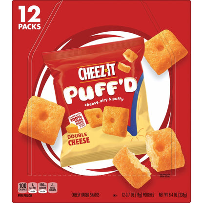 Cheez - It Puff'd Cheesy Baked Snacks, Puffed Snack Crackers, Kids Snacks, Grab N' Go, Double Cheese, 8.4oz Box (12 Pouches) - Fresh Hearth