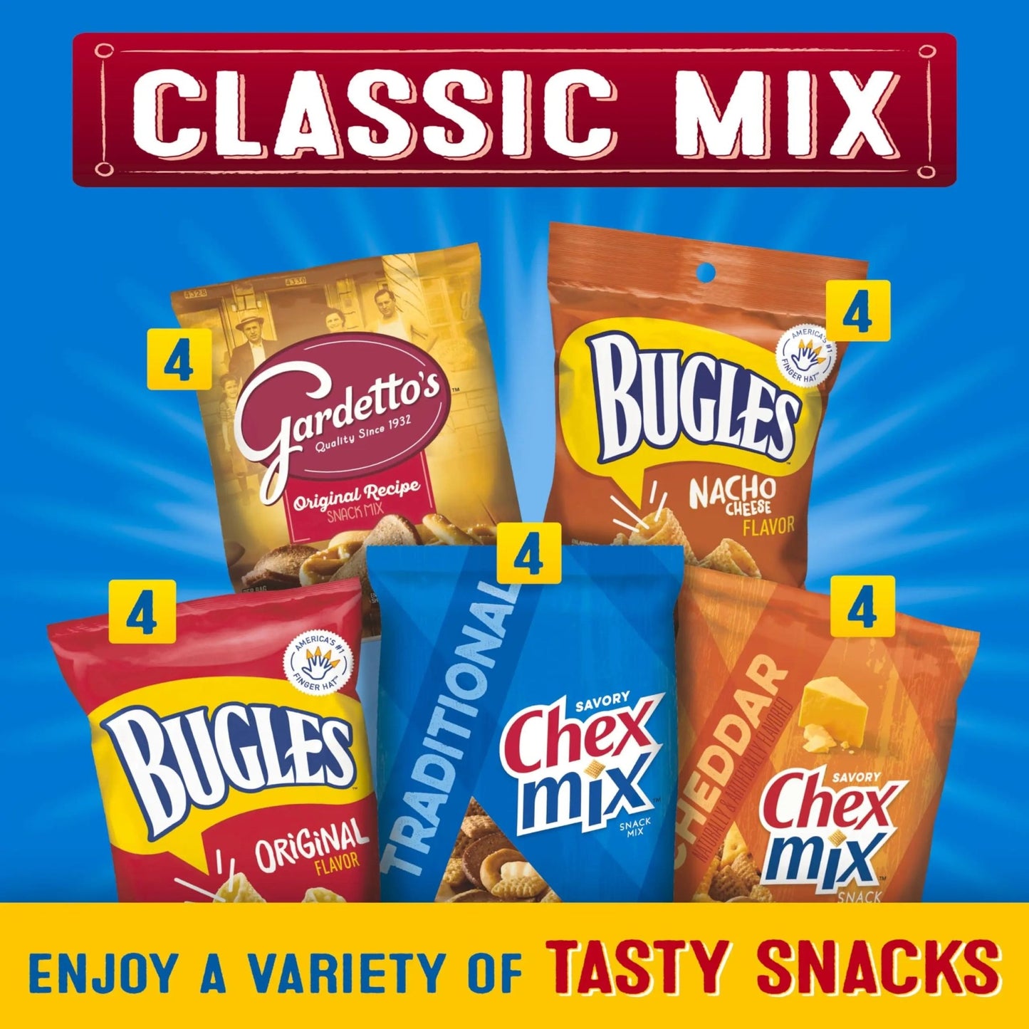 Classic Mix Snack Variety Pack, Bugles Original and Nacho Cheese, Gardetto's Original Recipe, Chex Mix Traditional and Cheddar, 20 Ct, 28 oz - Fresh Hearth