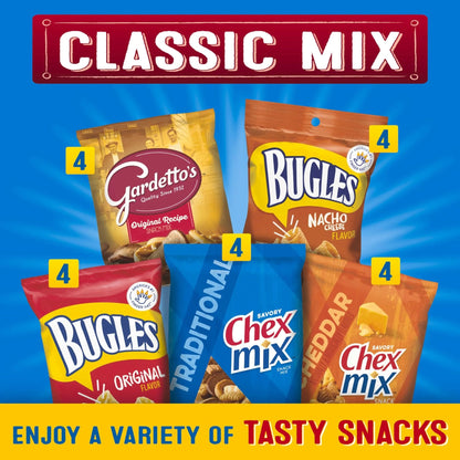 Classic Mix Snack Variety Pack, Bugles Original and Nacho Cheese, Gardetto's Original Recipe, Chex Mix Traditional and Cheddar, 20 Ct, 28 oz - Fresh Hearth