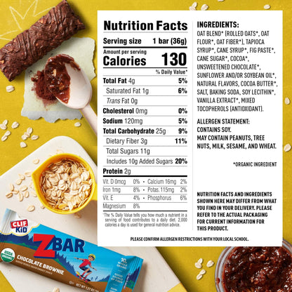 CLIF Kid Zbar - Chocolate Brownie - Soft Baked Whole Grain Snack Bars - USDA Organic - Non - GMO - Plant - Based - 1.27 oz. (18 Pack) - Fresh Hearth
