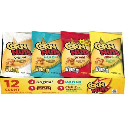 CORN NUTS Variety Pack, Crunchy Corn Kernels, Snack Box, Individual Packs, Snacks For Adults, Original, Ranch, BBQ, Chile Picante con Limon, 1oz. (Pack of 12) - Fresh Hearth
