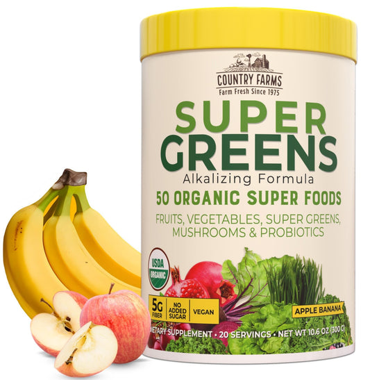 Country Farms Organic Super Greens Apple Banana Flavor, 50 Organic Super Foods, Packed with Fiber, USDA Organic Drink Mix, Fruits, Vegetables, Mushrooms & Probiotics, Supports Energy, 5g Fiber - Fresh Hearth