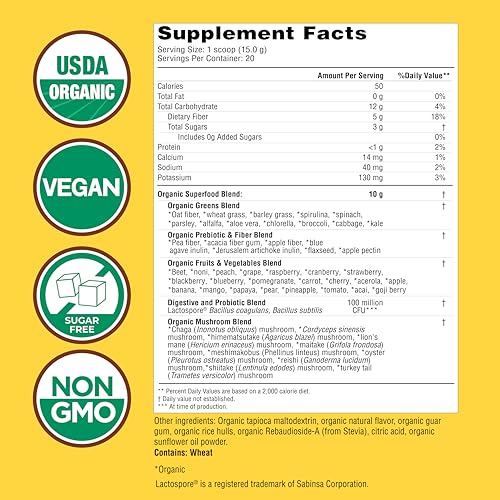 Country Farms Organic Super Greens Apple Banana Flavor, 50 Organic Super Foods, Packed with Fiber, USDA Organic Drink Mix, Fruits, Vegetables, Mushrooms & Probiotics, Supports Energy, 5g Fiber - Fresh Hearth