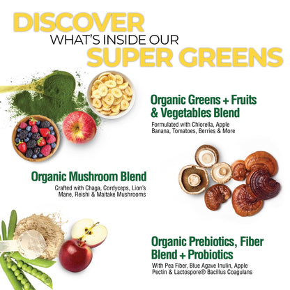 Country Farms Organic Super Greens Apple Banana Flavor, 50 Organic Super Foods, Packed with Fiber, USDA Organic Drink Mix, Fruits, Vegetables, Mushrooms & Probiotics, Supports Energy, 5g Fiber - Fresh Hearth