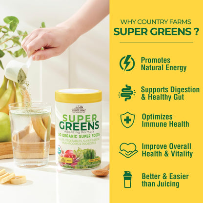 Country Farms Organic Super Greens Apple Banana Flavor, 50 Organic Super Foods, Packed with Fiber, USDA Organic Drink Mix, Fruits, Vegetables, Mushrooms & Probiotics, Supports Energy, 5g Fiber - Fresh Hearth