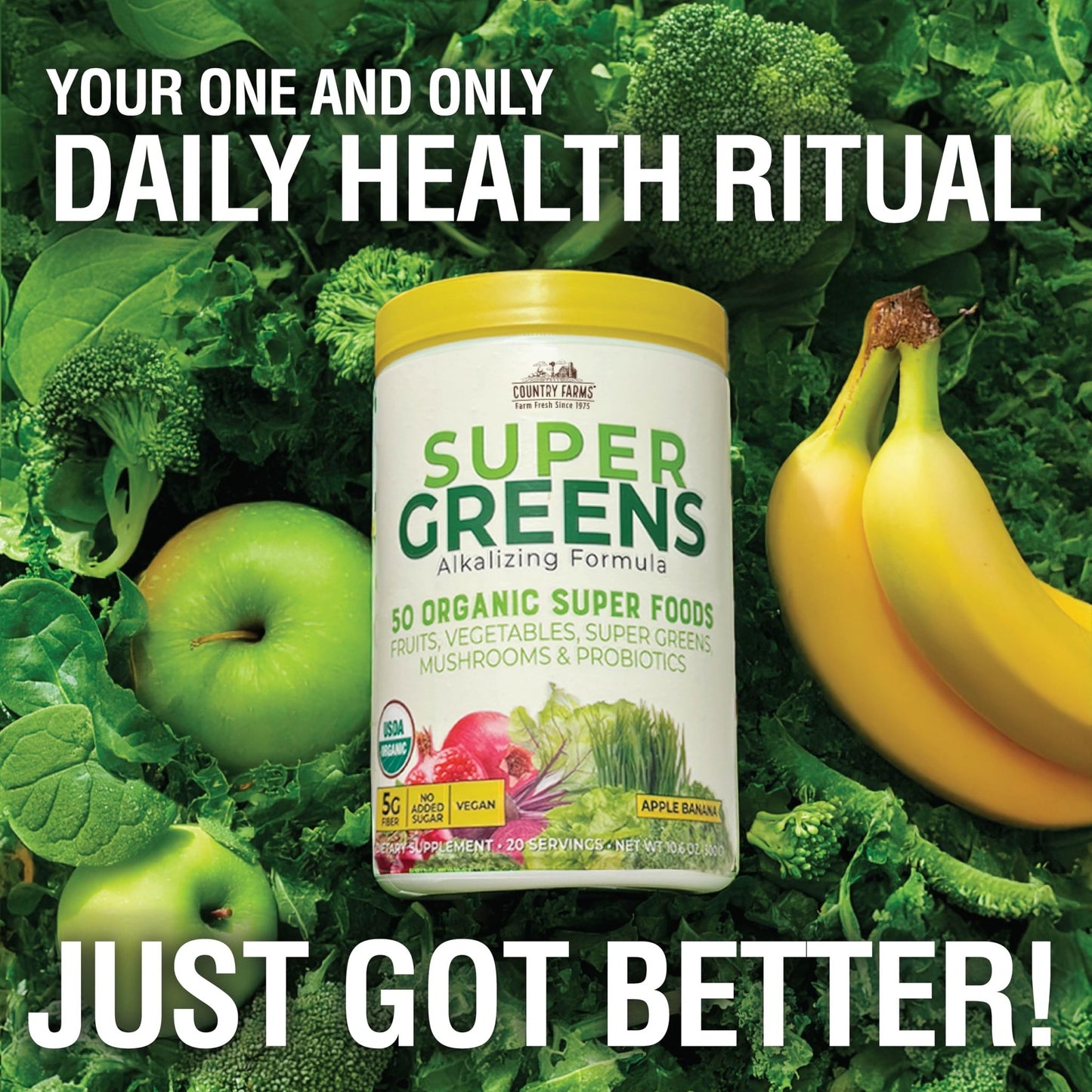 Country Farms Organic Super Greens Apple Banana Flavor, 50 Organic Super Foods, Packed with Fiber, USDA Organic Drink Mix, Fruits, Vegetables, Mushrooms & Probiotics, Supports Energy, 5g Fiber - Fresh Hearth