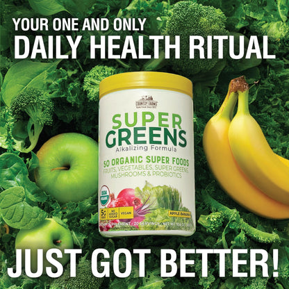 Country Farms Organic Super Greens Apple Banana Flavor, 50 Organic Super Foods, Packed with Fiber, USDA Organic Drink Mix, Fruits, Vegetables, Mushrooms & Probiotics, Supports Energy, 5g Fiber - Fresh Hearth