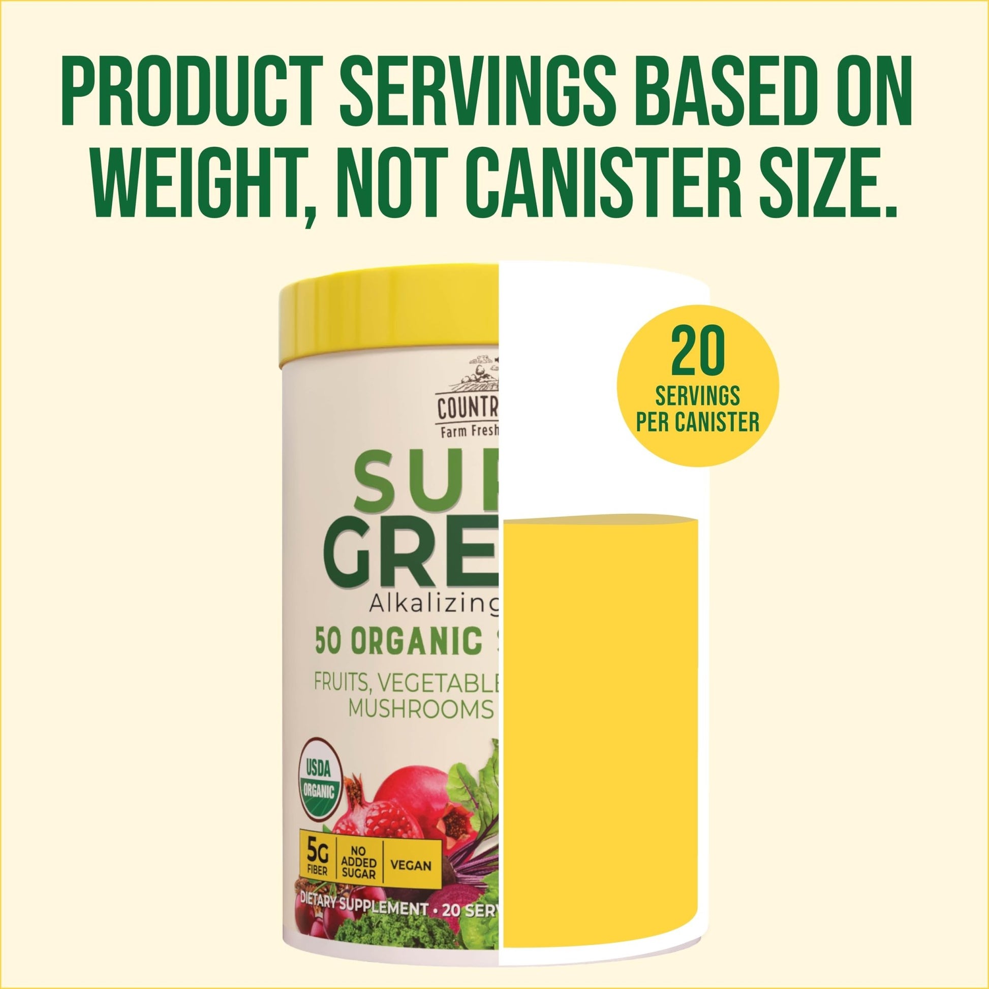 Country Farms Organic Super Greens Apple Banana Flavor, 50 Organic Super Foods, Packed with Fiber, USDA Organic Drink Mix, Fruits, Vegetables, Mushrooms & Probiotics, Supports Energy, 5g Fiber - Fresh Hearth