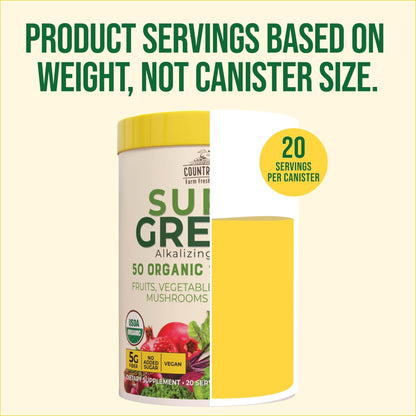 Country Farms Organic Super Greens Apple Banana Flavor, 50 Organic Super Foods, Packed with Fiber, USDA Organic Drink Mix, Fruits, Vegetables, Mushrooms & Probiotics, Supports Energy, 5g Fiber - Fresh Hearth