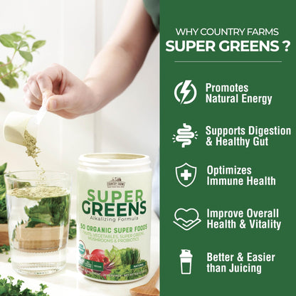 COUNTRY FARMS Organic Super Greens Natural Flavor, 50 Organic Super Foods, Packed with Fiber, USDA Organic Drink Mix, Fruits, Vegetables, Mushrooms & Probiotics, Supports Energy, 6g Fiber - Fresh Hearth