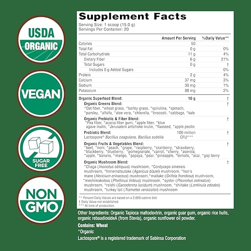 COUNTRY FARMS Organic Super Greens Natural Flavor, 50 Organic Super Foods, Packed with Fiber, USDA Organic Drink Mix, Fruits, Vegetables, Mushrooms & Probiotics, Supports Energy, 6g Fiber - Fresh Hearth