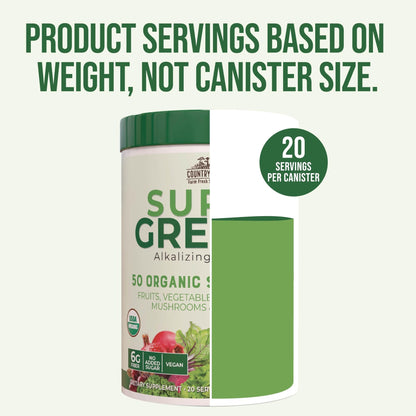 COUNTRY FARMS Organic Super Greens Natural Flavor, 50 Organic Super Foods, Packed with Fiber, USDA Organic Drink Mix, Fruits, Vegetables, Mushrooms & Probiotics, Supports Energy, 6g Fiber - Fresh Hearth