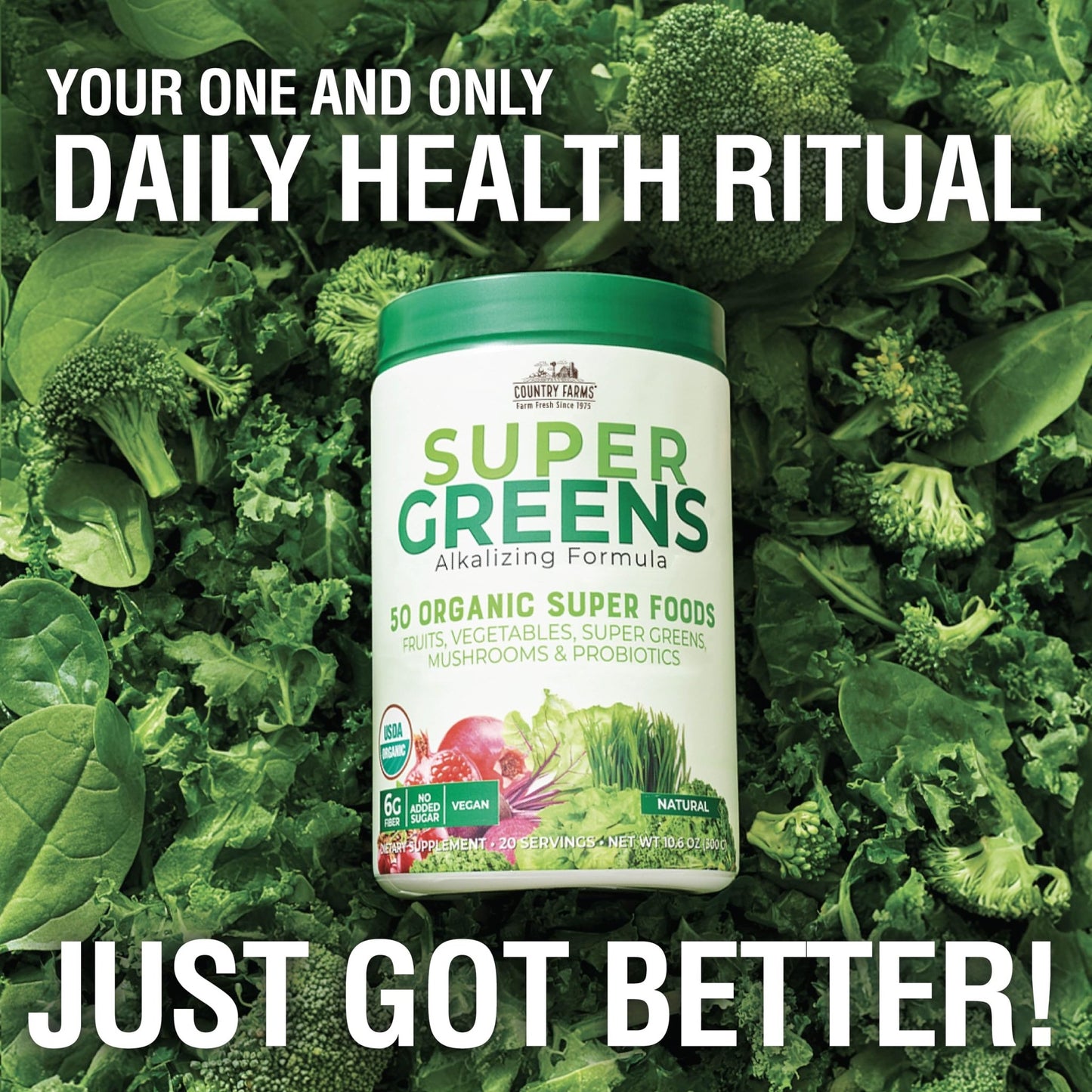 COUNTRY FARMS Organic Super Greens Natural Flavor, 50 Organic Super Foods, Packed with Fiber, USDA Organic Drink Mix, Fruits, Vegetables, Mushrooms & Probiotics, Supports Energy, 6g Fiber - Fresh Hearth